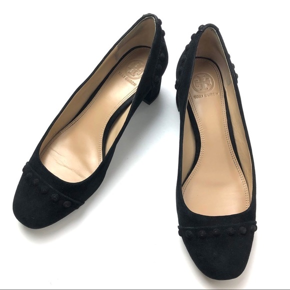 Tory Burch black suede leather stud Colt low block heels pumps 7 chunky slip-on - Picture 2 of 16